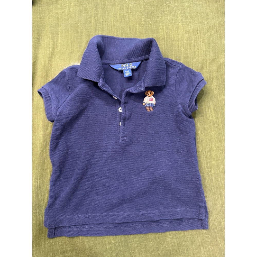 Polo Ralph Lauren Girls Navy Blue Polo Bear Pique Shirt Size 3 3T Short Sleeve